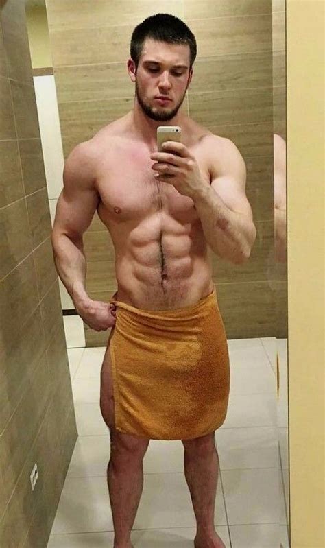 Shirtless Male Muscular Hunk Beard Hairy Abs After Shower