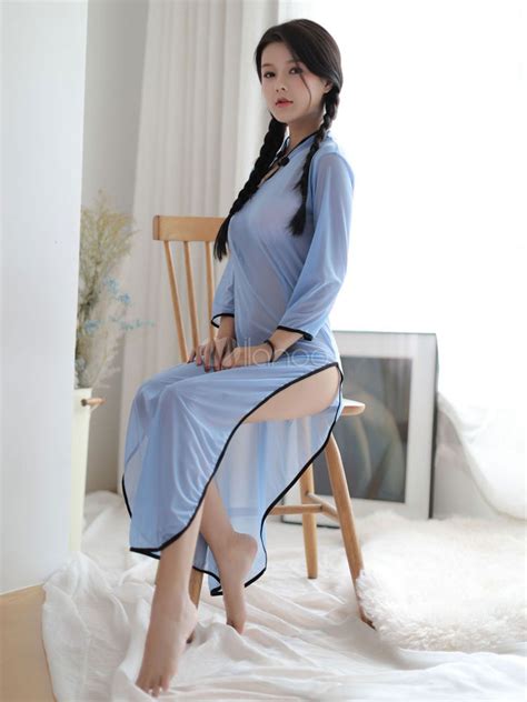 セクシーな女子高生コスチューム女性青薄手のランジェリー中国のqipaoのドレス Milanoo Jp