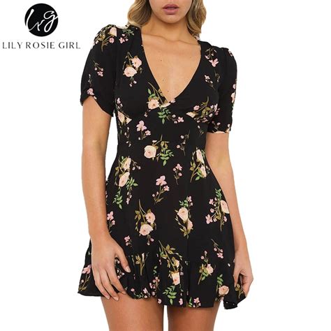 lily rosie girl boho floral print black women mini dresses 2018 sexy v