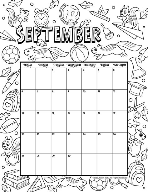september  coloring calendar woo jr kids activities children
