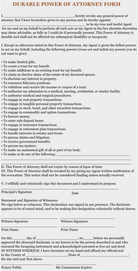 durable power  attorney printable form printable forms