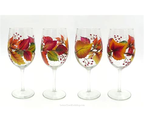 Hand Painted Autumn Leaves Wine Glasses Set Of 4 Thanksgiving Decor