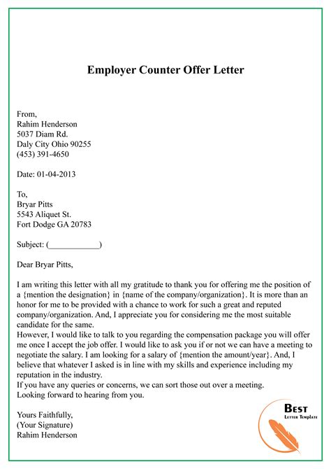 employer counter offer letter   letter template