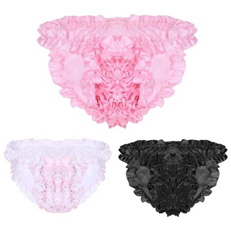 Mens Ruffled Lingerie Panties Thong Frilly Satin Lined Sissy Briefs