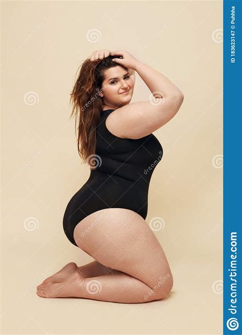 Plus Size Model Fat Woman In Black Bodysuit Portrait