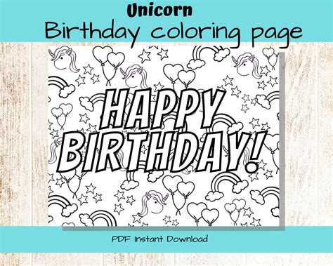 unicorn birthday coloring page kids printable etsy