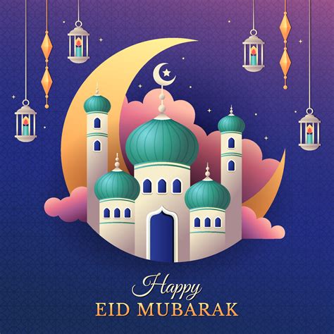 happy eid mubarak greeting  mosque  lanterns  vector art