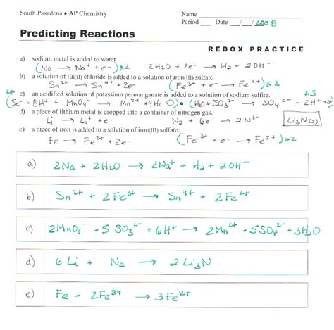 balancing redox equations worksheet answers chemistry