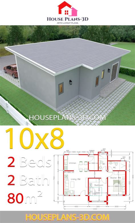House Design Plans 10x8 with 2 Bedrooms Shed Roof