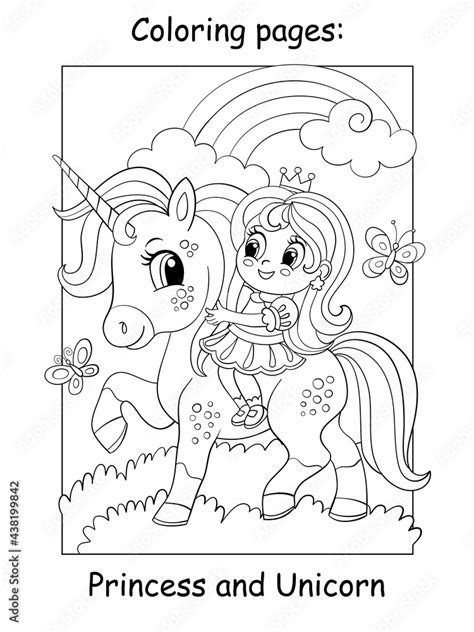 coloring book page cute princess riding   unicorn stock vector