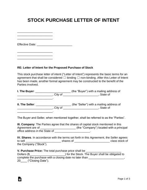 stock shares purchase letter  intent  word eforms