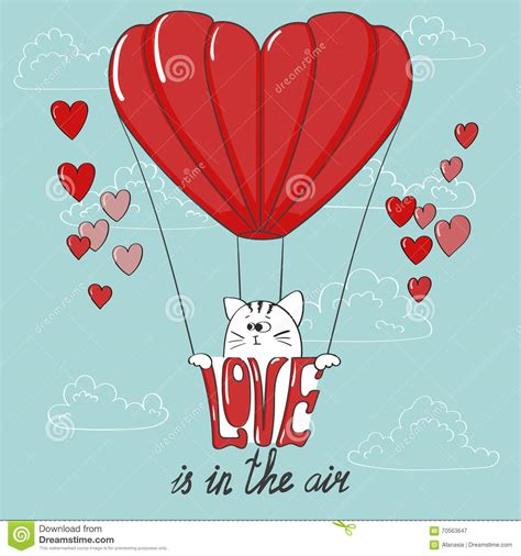 love is in the air cute cartoon cat and the air balloon stock vector illustration of greeting