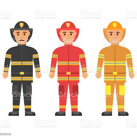 Fireman In Uniform Character Set Vector Flat Figures Of Rescue