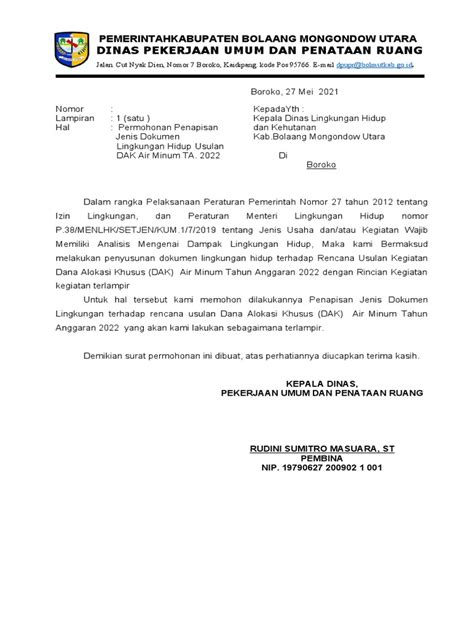 surat permohonan penapisan lingkungan hidup