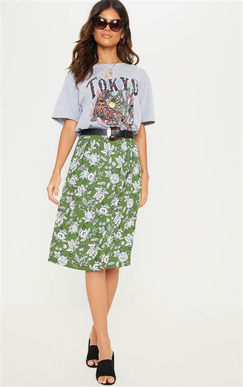 green floral printed pleat front midi skirt in 2019
