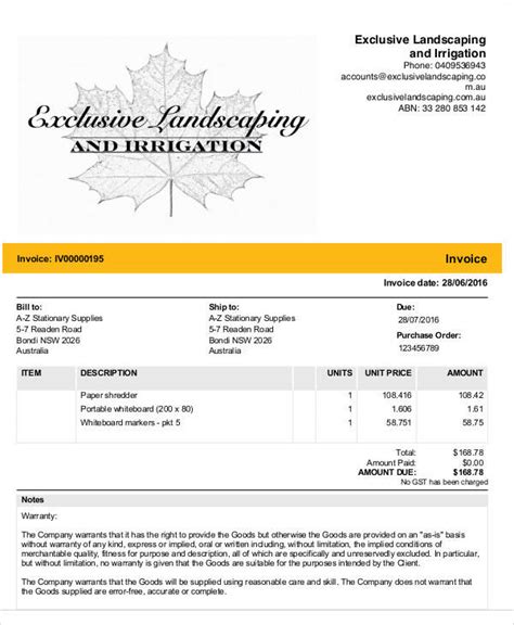 sample landscaping invoices   ms word excel