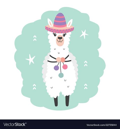 hand drawn cartoon llama character  sombrero vector image