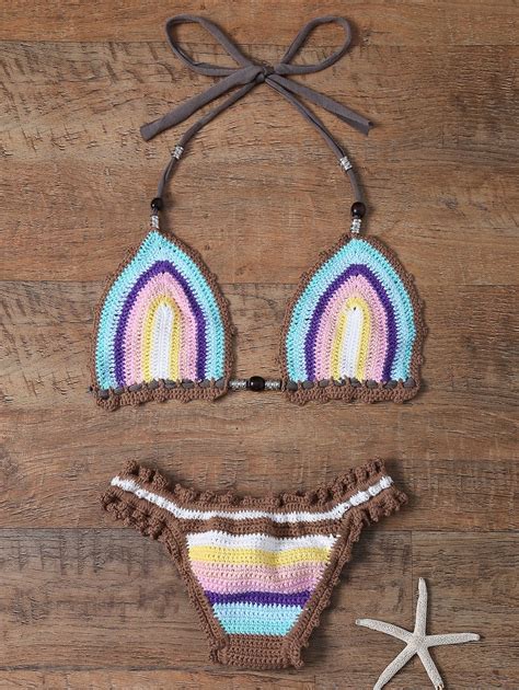 striped crochet bikini set azure bikinis zaful