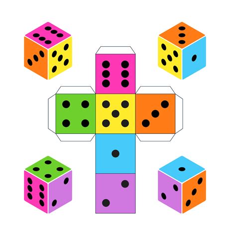 colorful paper dice template isolated  white background printable