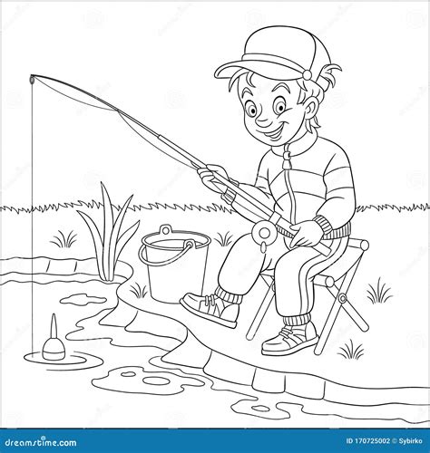 coloring page  boy fishing stock vector illustration  drawn