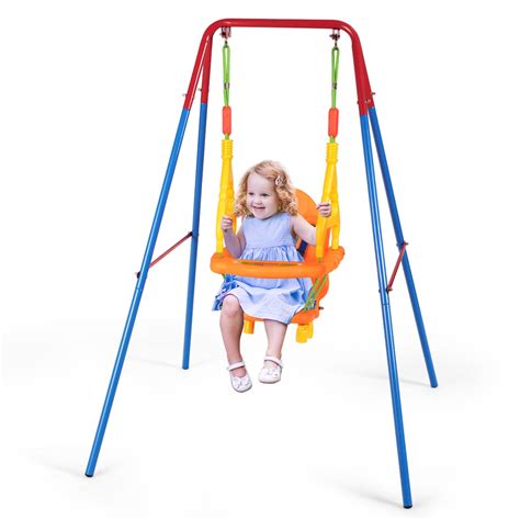 gymax toddler swing set high  seat  handrails  frame metal swing