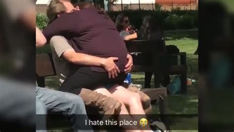 Randy Couple Grope And Kiss Each Other On Park Bench In