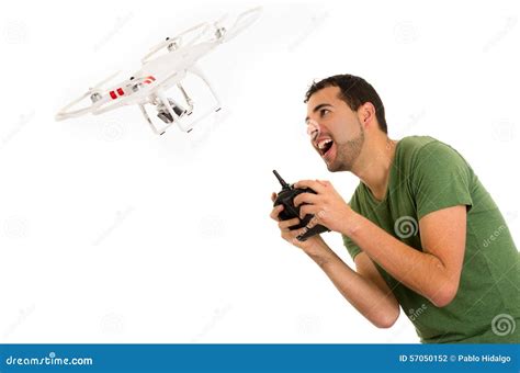 young man  quadcopter drone stock photo image  flying black