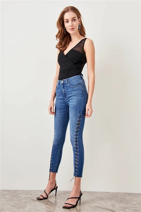 trendyol detailed high waist skinny jeans blue birds eye connecting twosslr  jeans