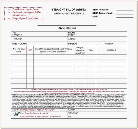 printable  blank straight bill  lading short form