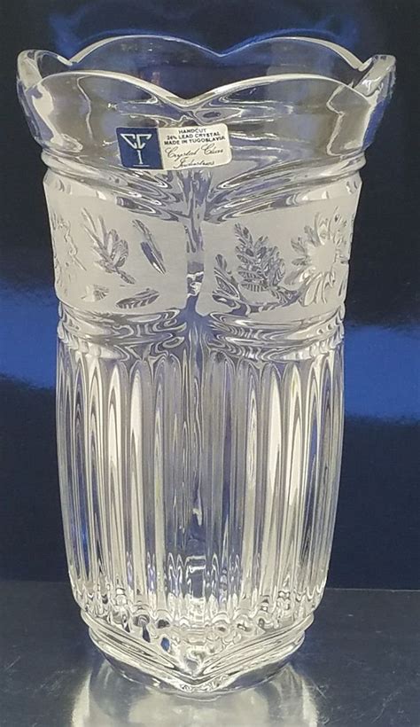 vintage retro  lead crystal clear industries flower vase frosted glass   yugoslavia