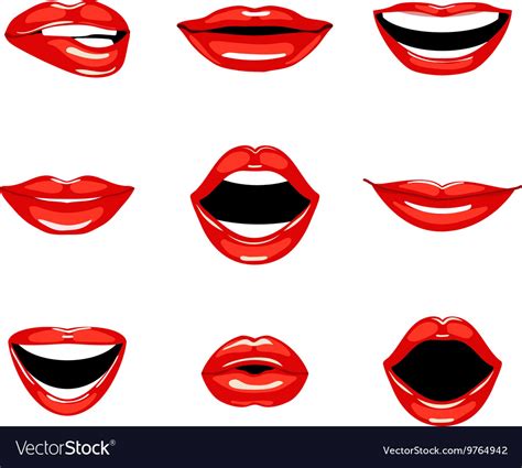 set of red kissing and smiling cartoon lips vector image
