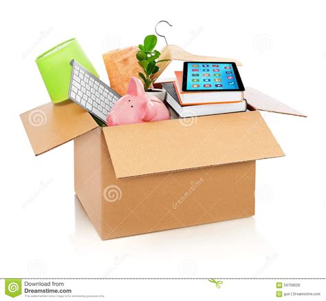 cardboard box full  household stuff stock photo image
