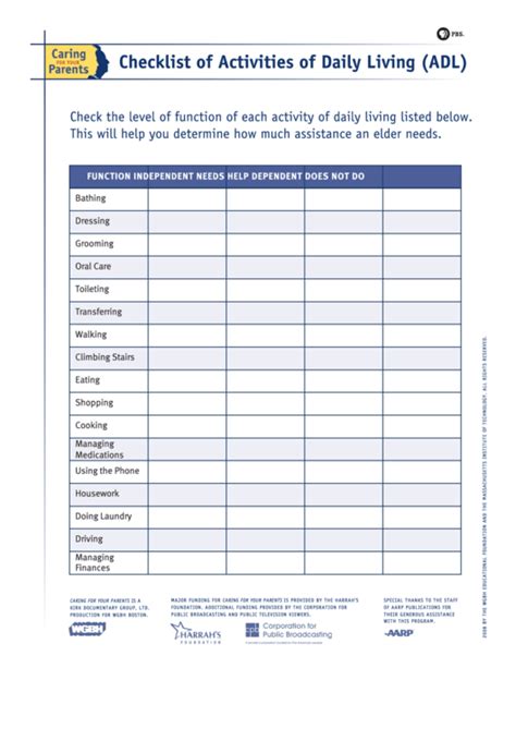 checklist  activities  daily living adl pbs printable