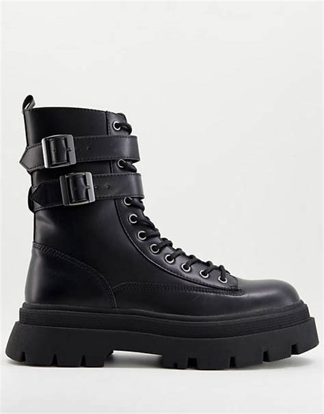 Bershka Chunky Lace Up Boots With Buckles In Black Asos