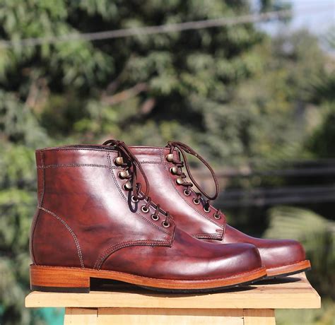 handmade burgundy derby ankle high lace  leather boot  men mens leather boots boots