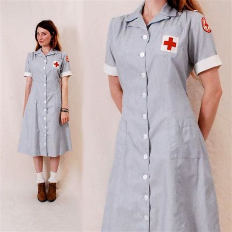 Vintage 40s 1940s Nurse Uniform Dress M L Red Cross Nursing Etsy Mode
