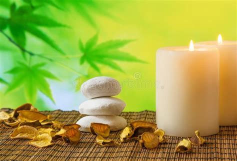 Spa Massage Border Background With Candle Near Stone And Wood Stock