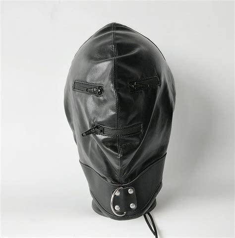 Black Leather Bondage Headgear Hood Mask Mouth Eyes Sealed By Zipper