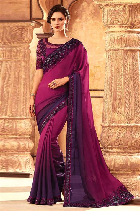buy  tone purple silk embroidered saree    diva