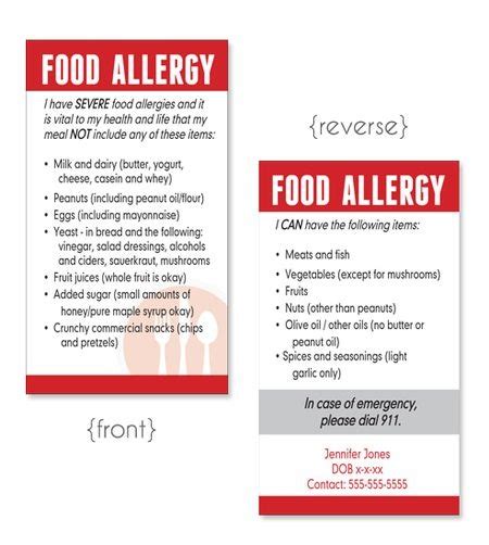 allergy cards fully customizable gaps recipes pinterest