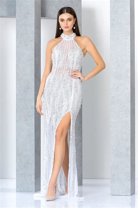 buy white net embroidery pearl halter neck crystal gown for women by