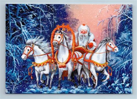 russian troika  ded moroz snow winter forest horse carriage