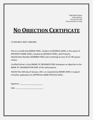 objection certificate   format    noc