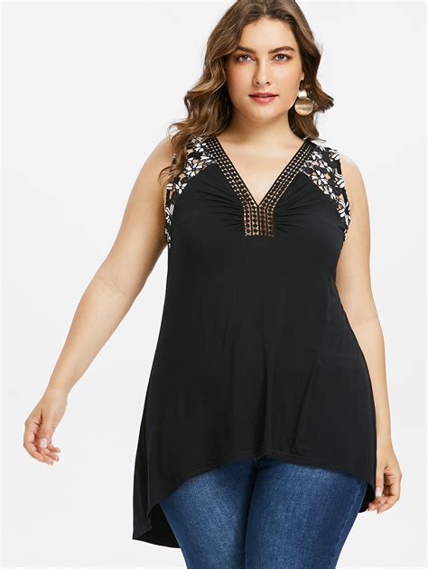 Gamiss Women Long Tanks Plus Size High Low Lace Panel