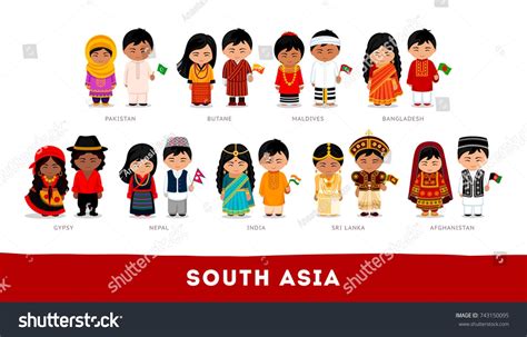 asians in national clothes south asia set of cartoon characters in traditional costume cute