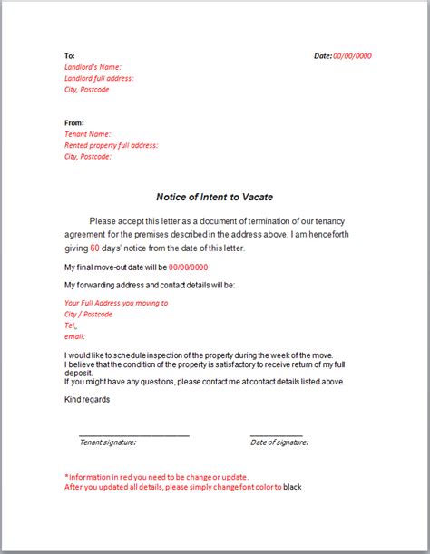 sample letter giving notice  tenant  letter template collection