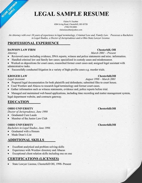 legal resume sample resumecompanioncom resume samples
