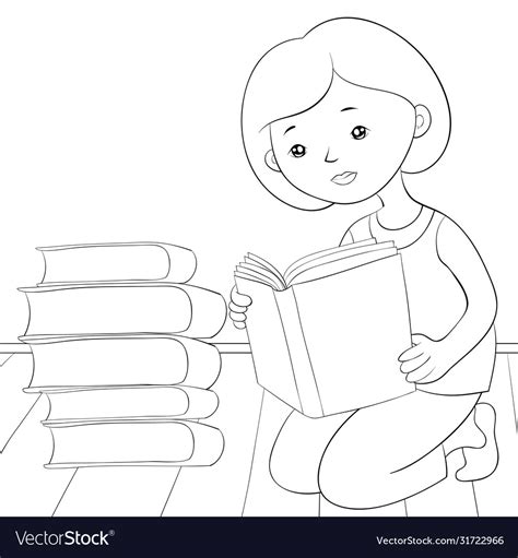 children coloring bookpage reading girl image vector image
