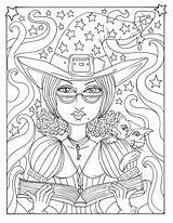 Coloring Pages Witches Halloween Witchy Etsy Book Magical Cat Magic sketch template