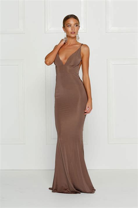 brown backless dress   plunging neckline   stretch fabric fitted formal dress prom dre